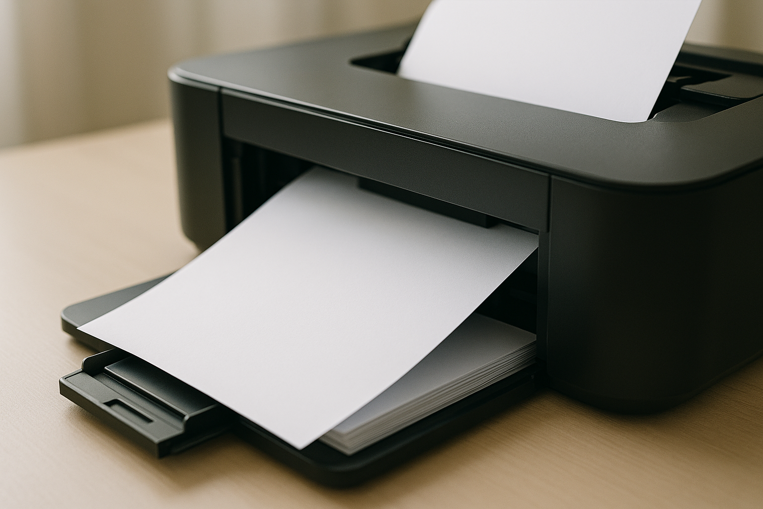 Tintenstrahldrucker zieht ein weißes A4-Blatt aus dem Papierfach ein