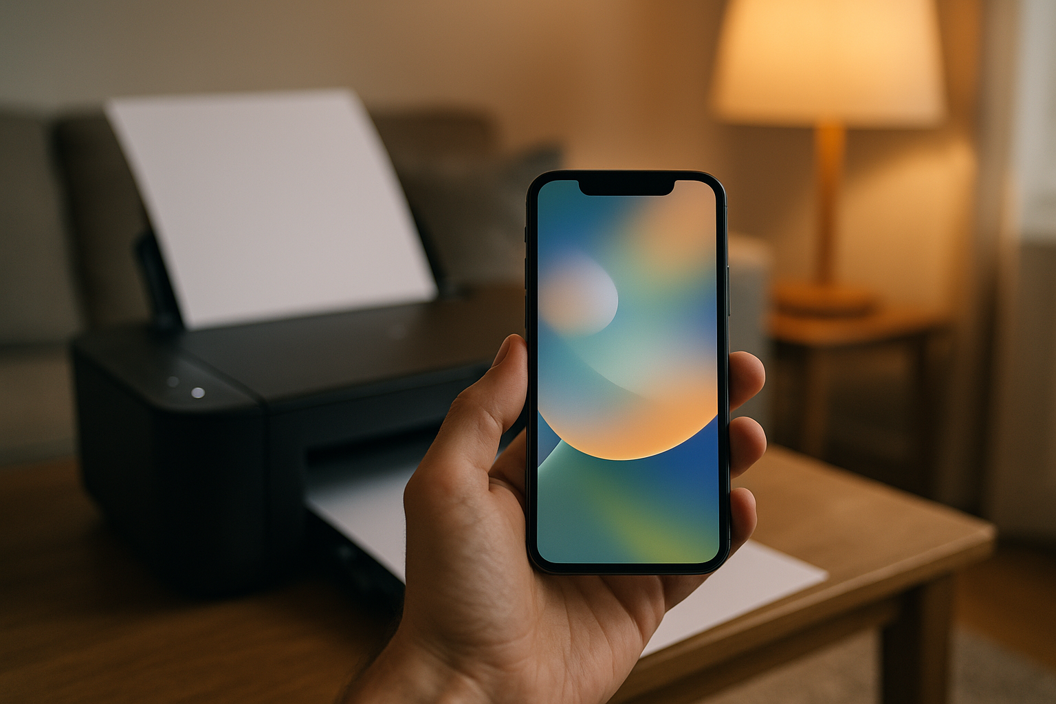 Smartphone wird über einem Drucker gehalten, ein bedrucktes Blatt kommt heraus