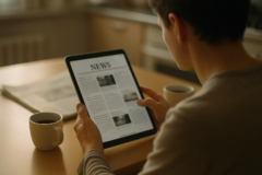 Person liest am Küchentisch Nachrichten auf einem Tablet