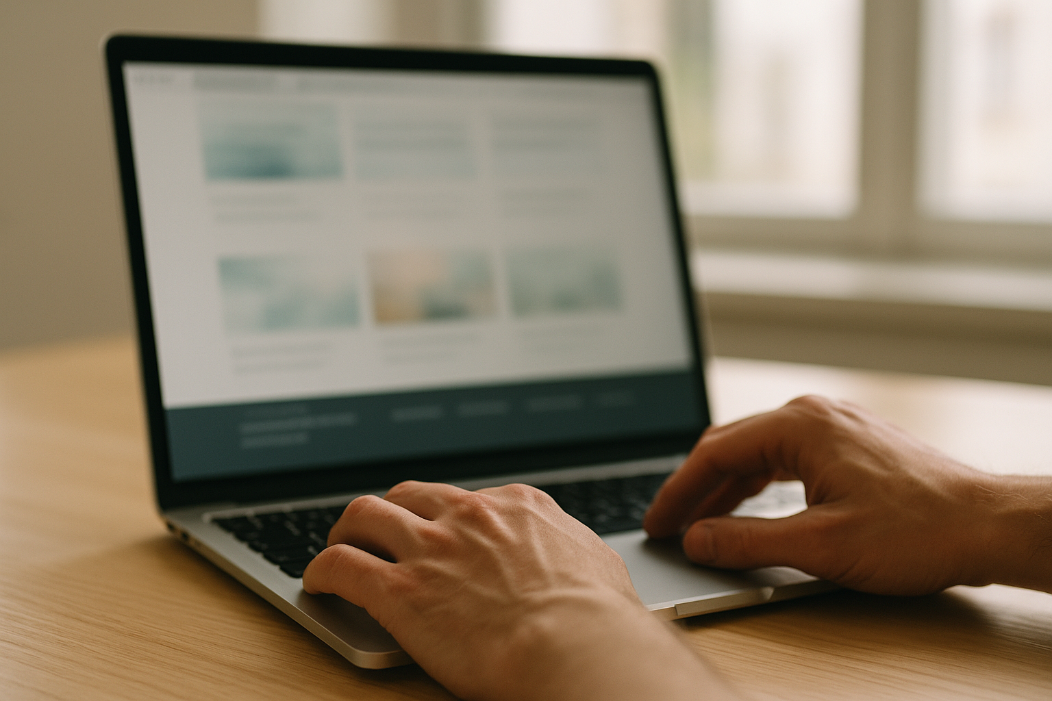 Hände scrollen am Laptop zum unteren Bereich einer Webseite